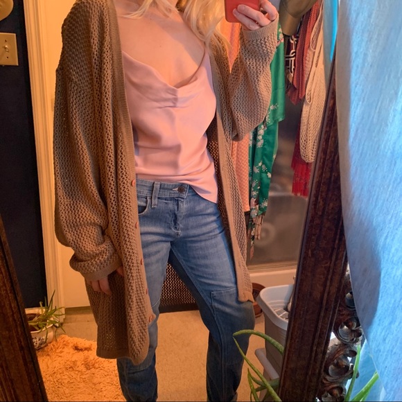 Oversized Long Slouchy Cardigan Tan loose knit OS Vintage 80s 90s - Picture 4 of 8